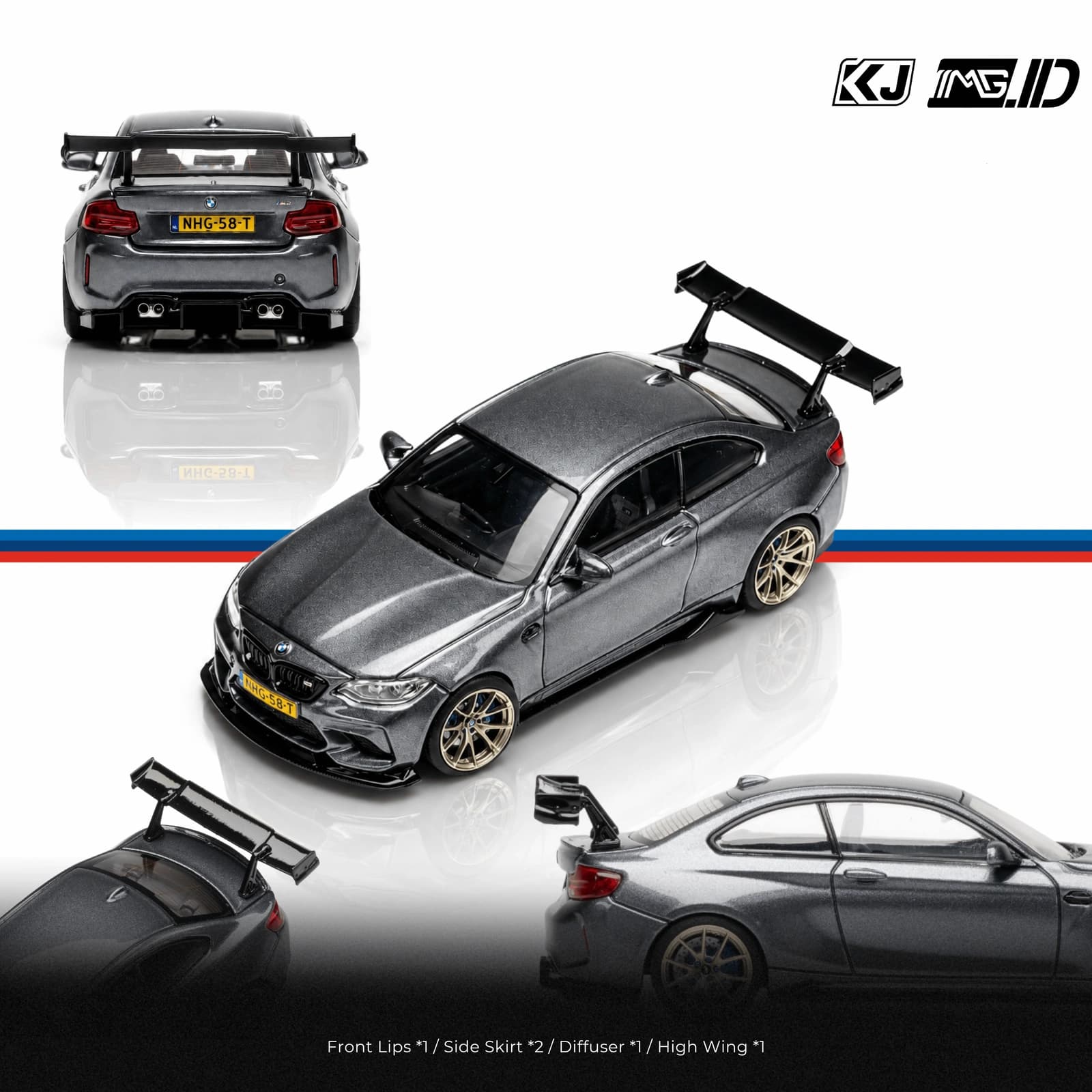 KJ Bodykit 1:64 KJ Custom Wing Bodykit For Mortal Model BMW M2 F87 + Apex VS5RS Wheels 10.2MM With Gold and Blue BBK 2